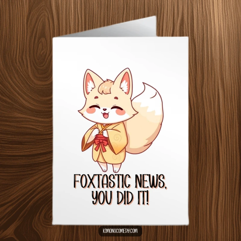 Funny Free Printable Congrats Card: Giggling kawaii kitsune in a kimono celebrating with wagging tails.