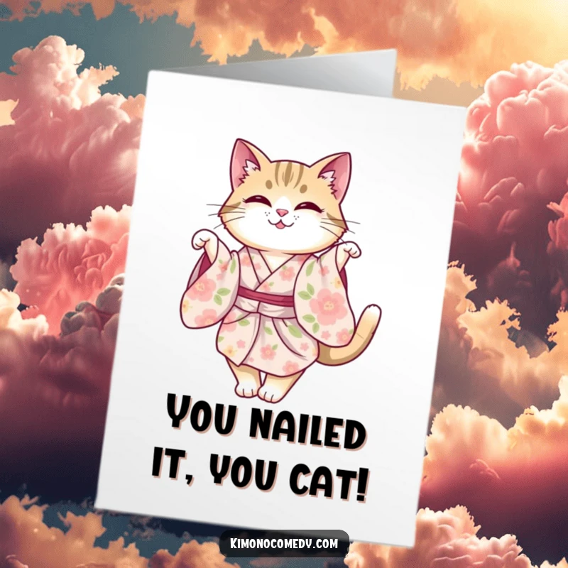 Funny Free Printable Congratulations Card: A cat in a floral kimono performs a graceful twirl, celebrating success with feline elegance.
