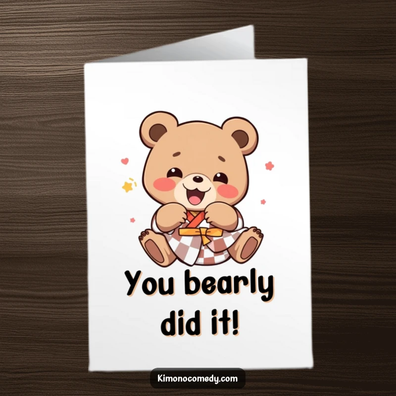 Funny Free Printable Congratulations Card: A delighted kawaii bear performs a joyful tumble in a kimono.