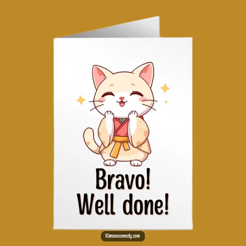 Free Printable Congrats Card: Kawaii Cat Clapping Kimono - Enthusiastic Downloadable