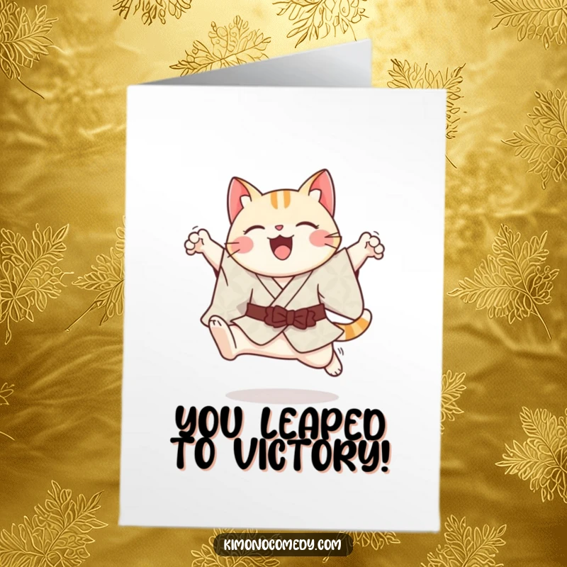 Free Printable Congratulations Card: A cheerful kawaii cat performs an elegant leap in a patterned kimono.