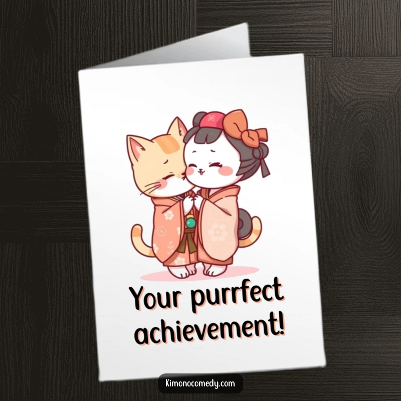 Funny Free Printable Congrats Card: Kawaii cat in a kimono shares a hushed, exciting secret, perfect for celebrating big news.