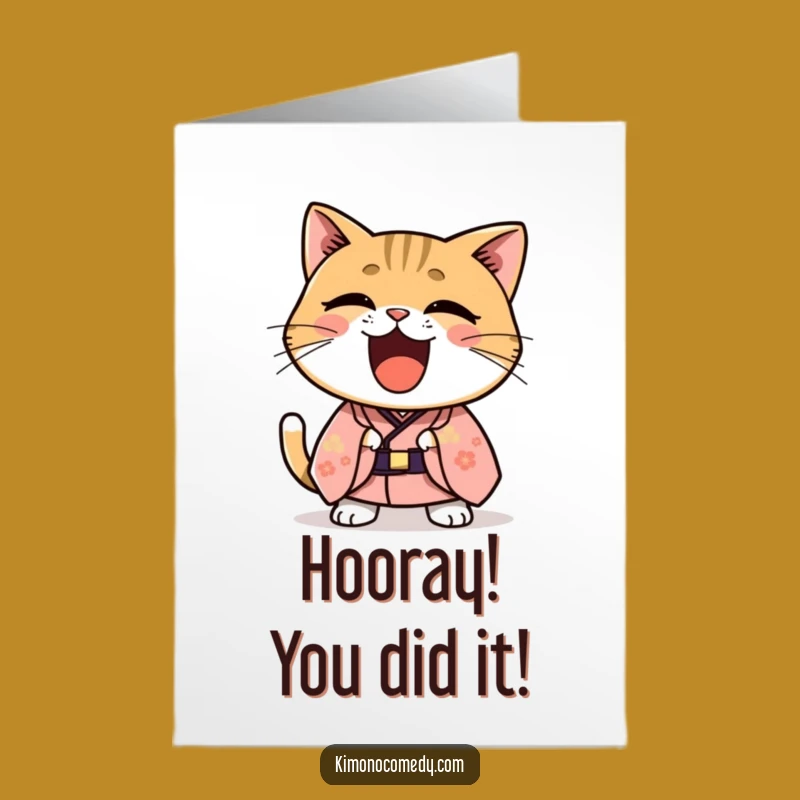 Free Printable Congrats Card: Kawaii Cat Laughing Kimono - Funny Downloadable Celebration