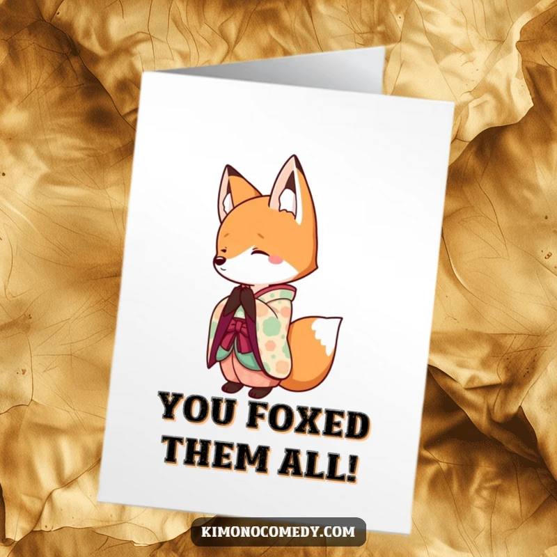 Funny Free Printable Congrats Card: Kawaii fox in a colorful kimono bowing elegantly with a bright smile.