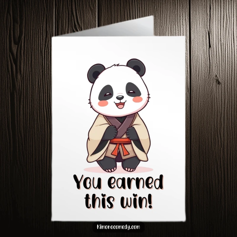 Funny Free Printable Congrats Card: A dignified panda in a traditional kimono shares a joyful laugh.