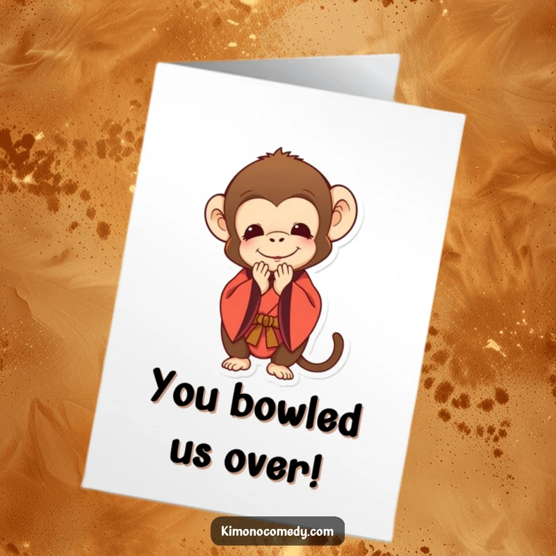Funny Free Printable Congratulations Card: A monkey in traditional attire bows deeply with a polite smile.