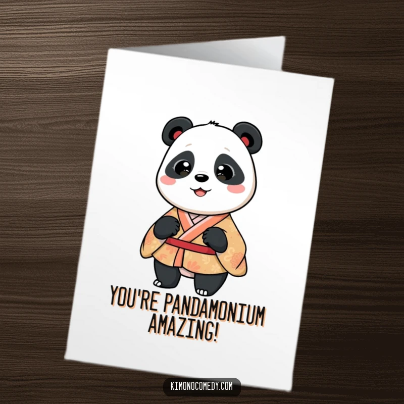 Funny Free Printable Congratulations Card: A panda in a patterned kimono performs a silly wiggle, celebrating achievements with playful energy.