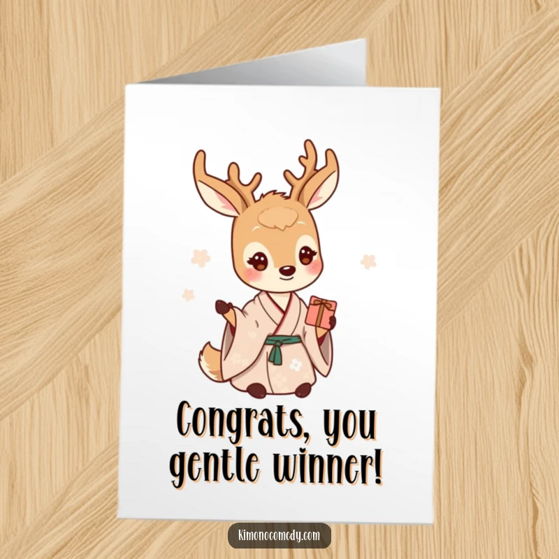 Funny Free Printable Congratulations Card: A serene deer in a kimono offers a small present with a warm smile.