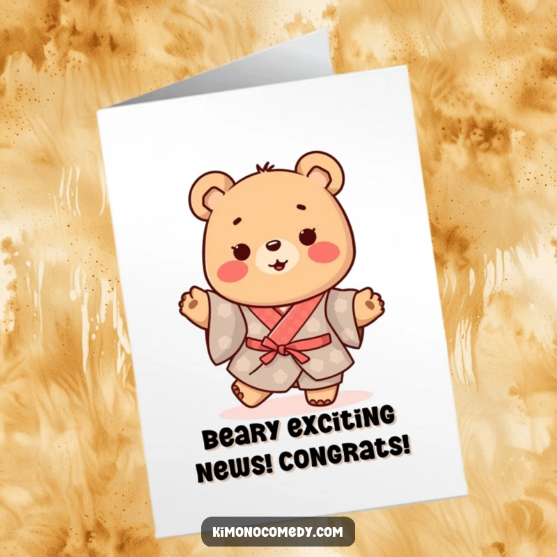Free Printable Congrats Card: Happy kawaii bear in a traditional kimono doing a little happy shuffle to celebrate.