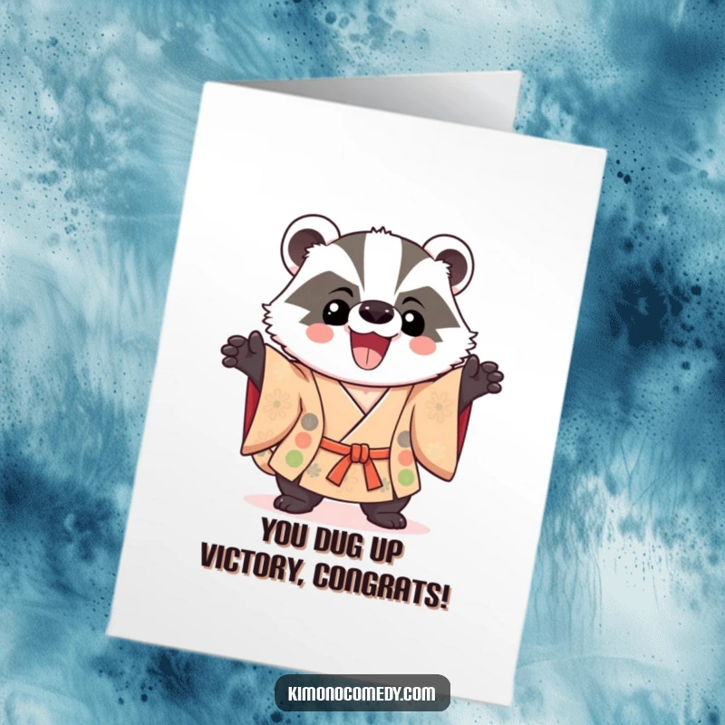 Funny Free Printable Congrats Card: Delighted kawaii badger in a kimono doing a victorious pose.