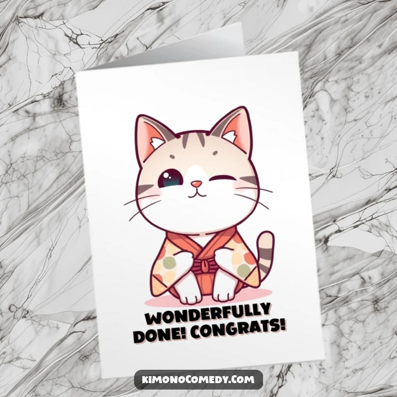 Funny Free Printable Congratulations Card depicting a Kawaii cat in a whimsical kimono tilting its head inquisitively.