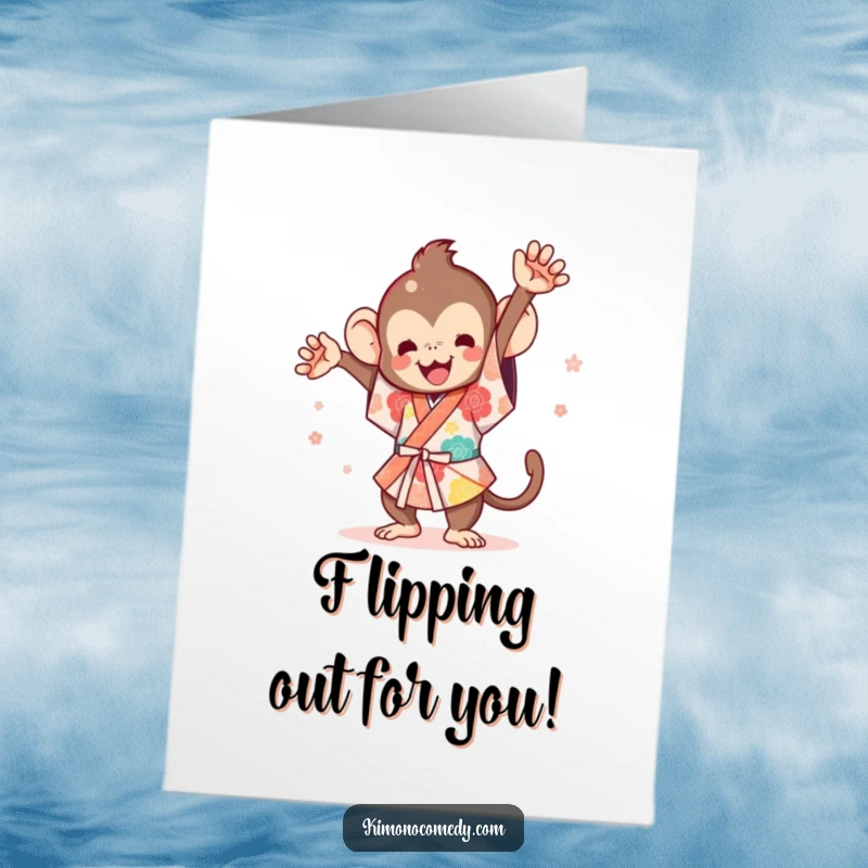 Funny Free Printable Congratulations Card: Kawaii monkey in kimono doing a celebratory flip, cheering wildly. A joyous spectacle.