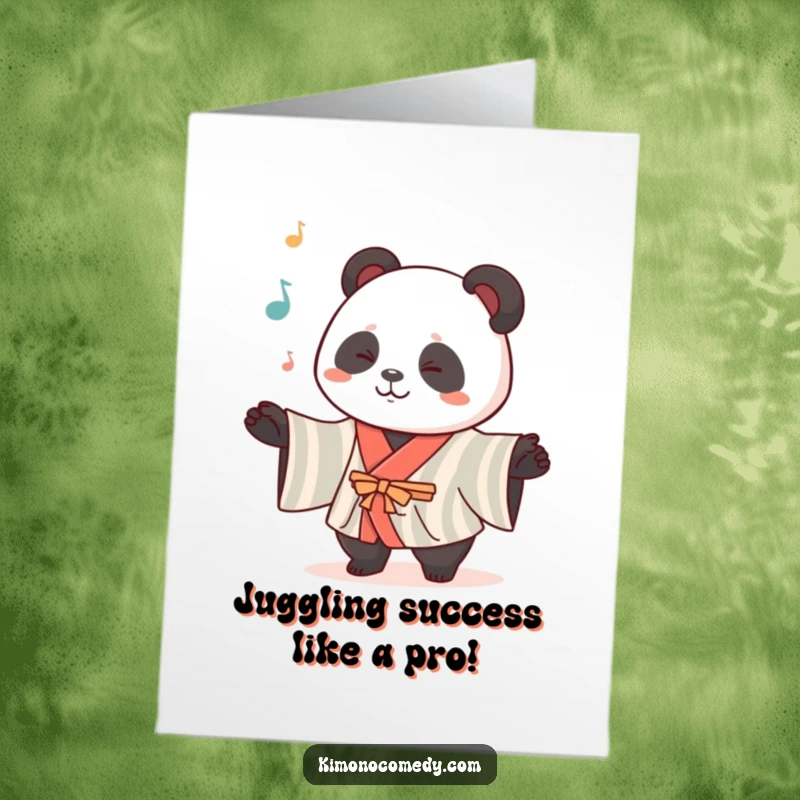 Funny Free Printable Congrats Card: Kawaii panda in a striped kimono juggling items with great skill.