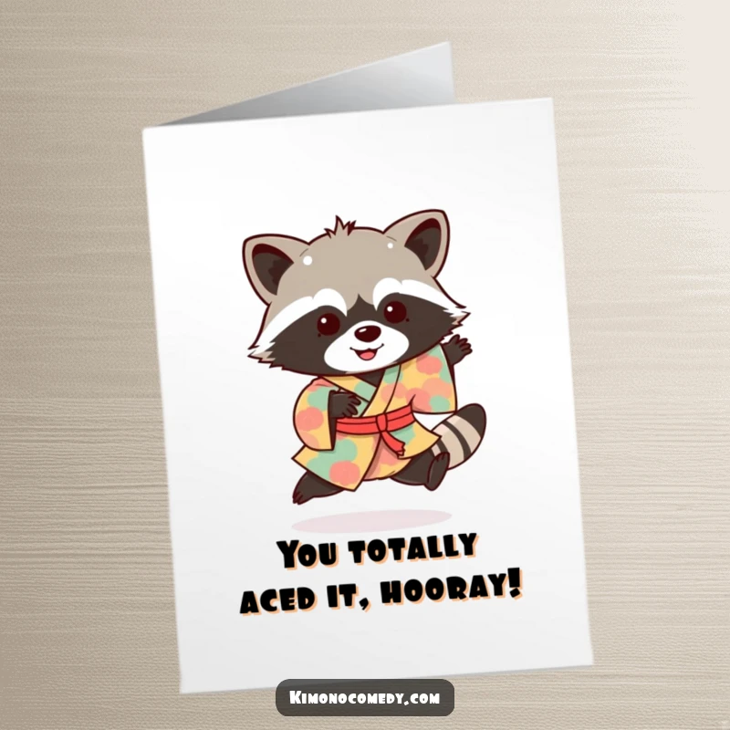 Funny Free Printable Congratulations Card: A happy raccoon in a kimono hops with excitement, celebrating an achievement.