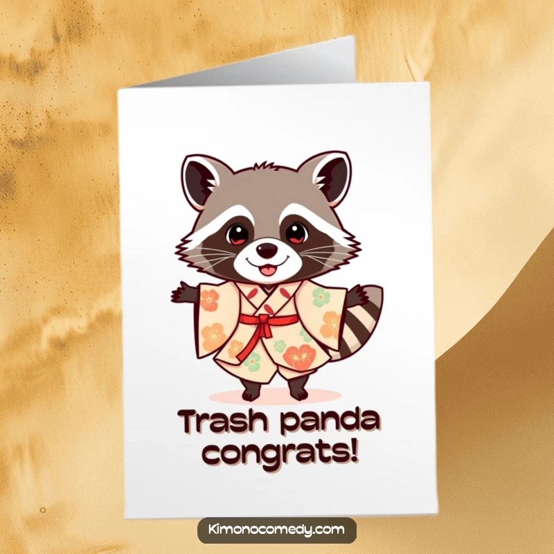 Funny Free Printable Congratulations Card of a cheerful raccoon in a festive kimono, dancing to celebrate achievements.