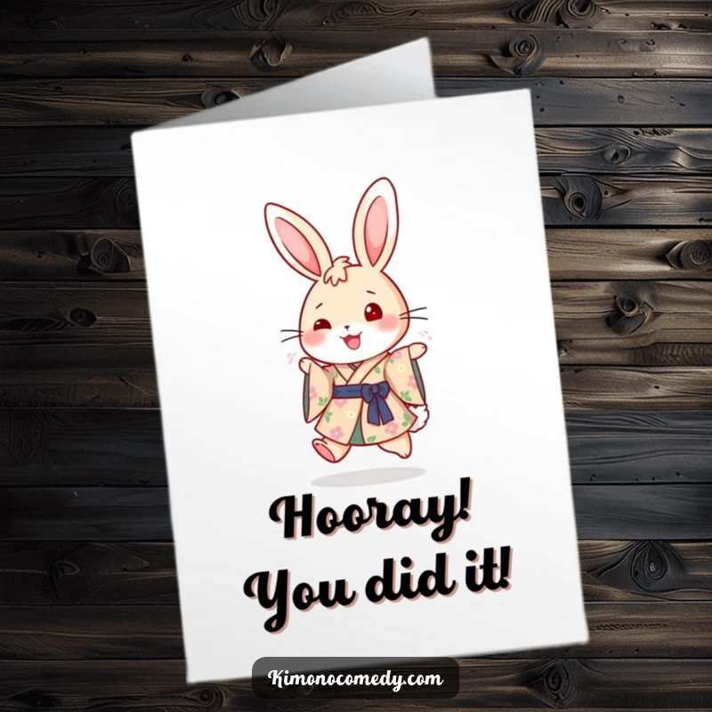 Funny Free Printable Congrats Card: A cheerful rabbit in a floral kimono hops with joy to celebrate success.