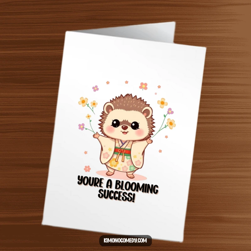 Funny Free Printable Congratulations Card: A cheerful hedgehog wearing a festive kimono, juggling delicate flowers with impressive skill.