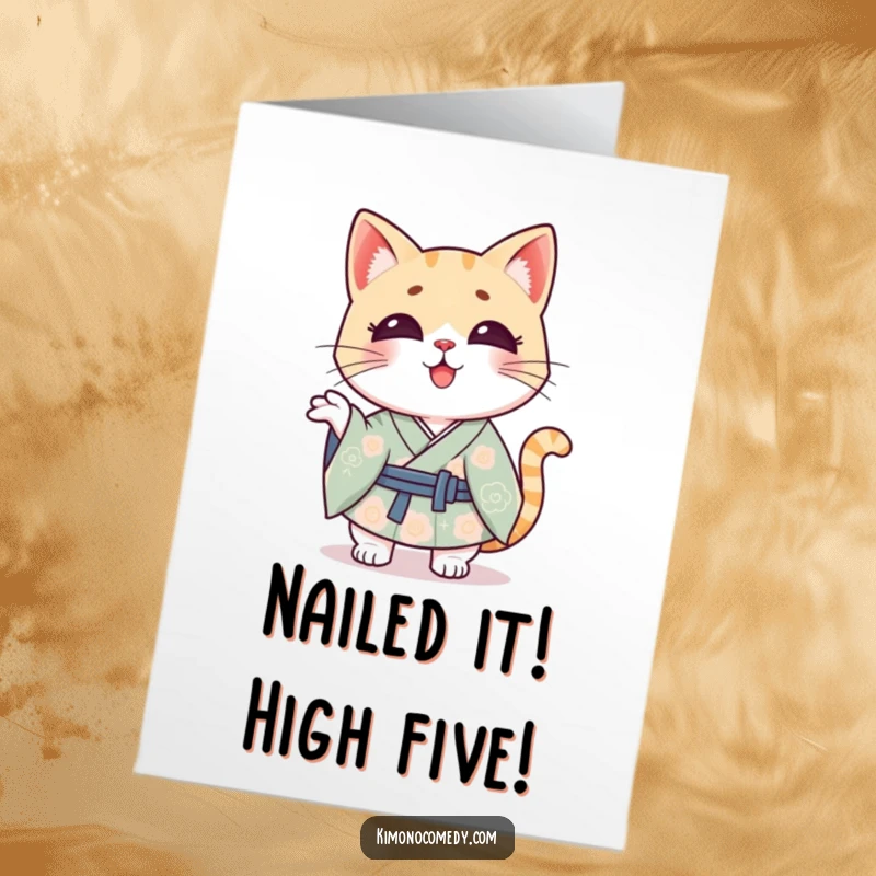 Funny Free Printable Congrats Card: Kawaii cat in a patterned kimono shrugs with a playful, questioning expression.