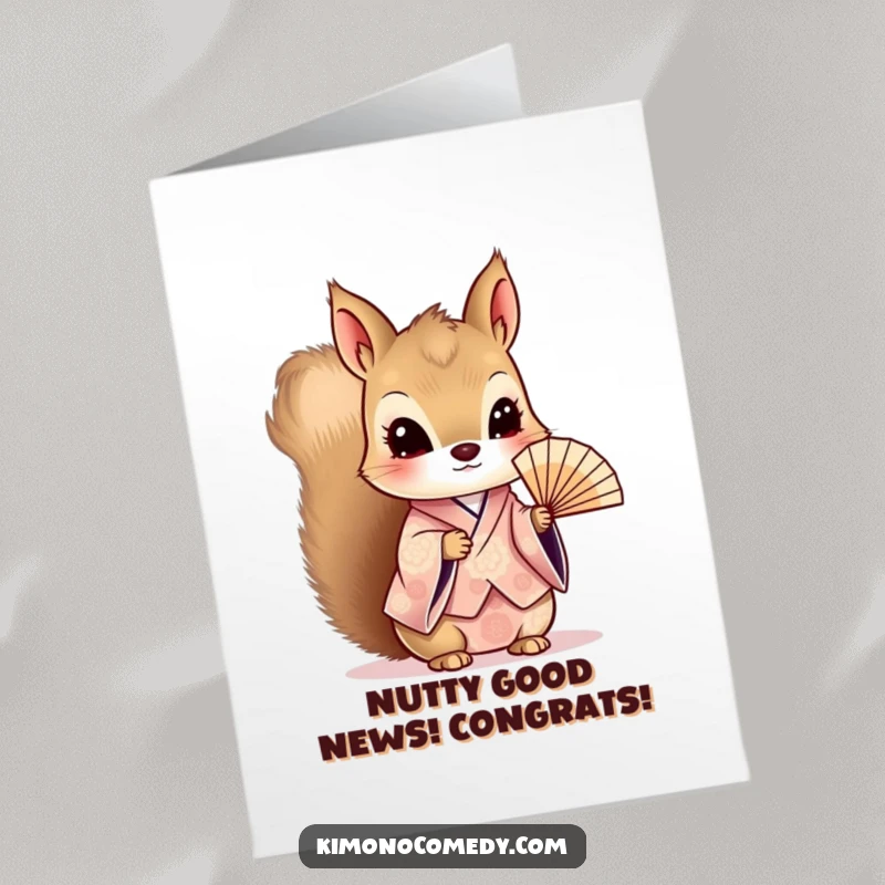 Free Printable Congrats Card: Curious kawaii squirrel in a patterned kimono holding a delicate fan elegantly.