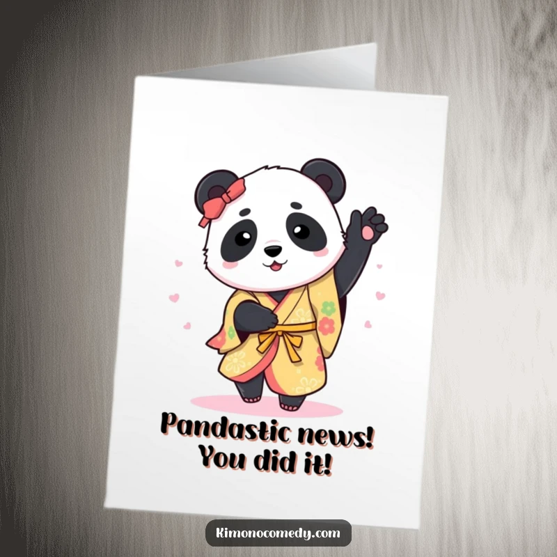 Free Printable Congratulations card: an ecstatic panda in a colorful kimono performing a celebratory spin.