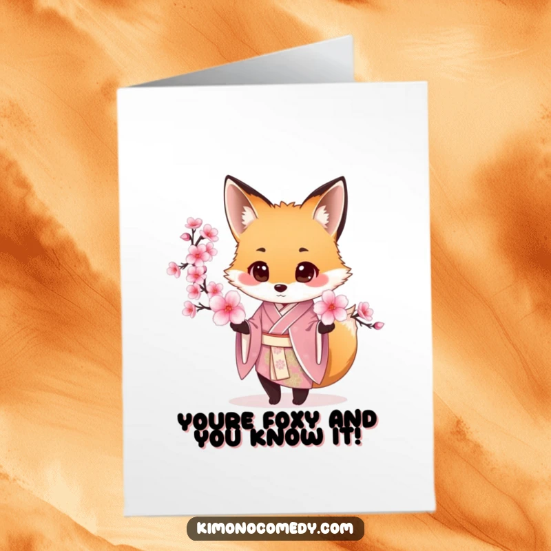 Funny Free Printable Congratulations Card: A stylish fox wearing a silk kimono gently offers a cherry blossom, conveying refined well wishes.