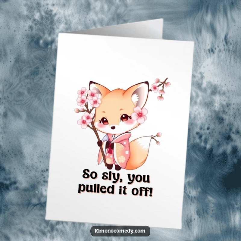 Free Printable Congrats Card: Shy kawaii fox in a kimono peeking playfully from behind a cherry blossom.