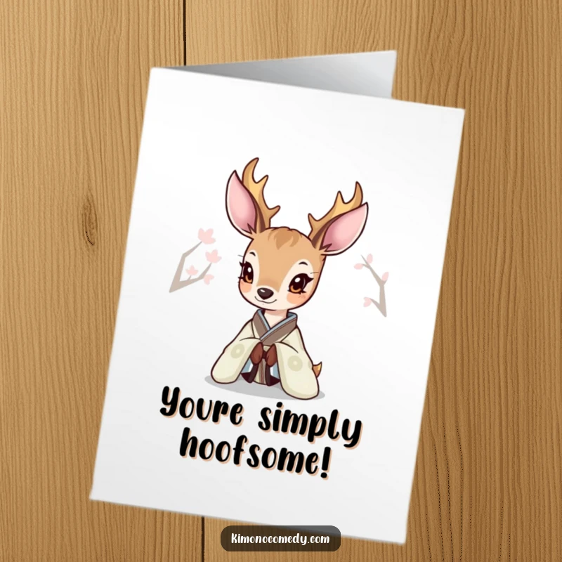 Funny Free Printable Congratulations Card: A gentle deer wearing an elegant kimono curiously peeks out, conveying sophisticated well wishes.