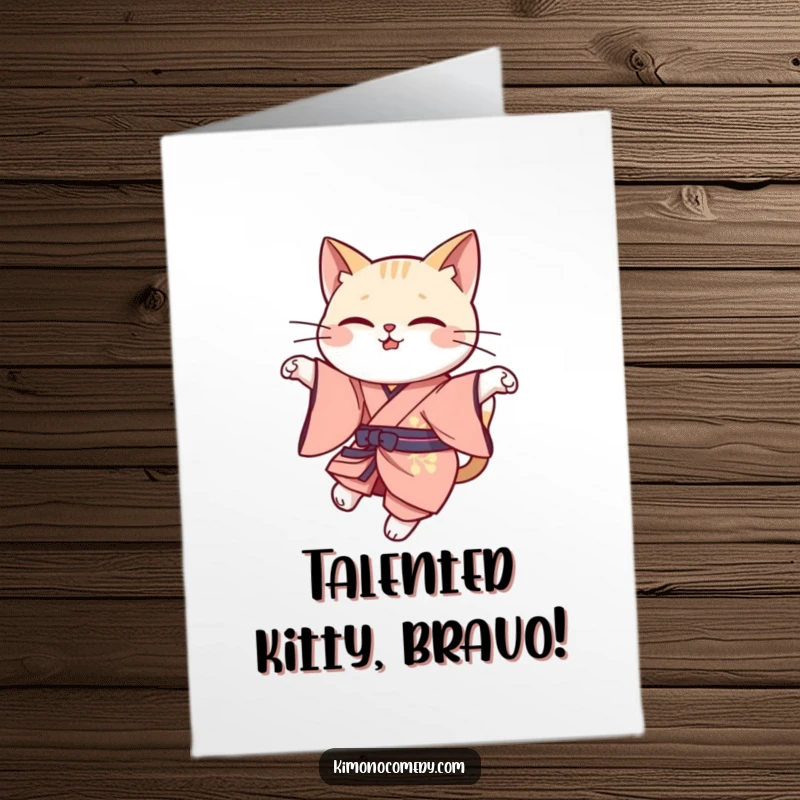 Funny Free Printable Congrats Card: Kawaii cat in elegant kimono, in a graceful leap, embodying sophistication and achievement.