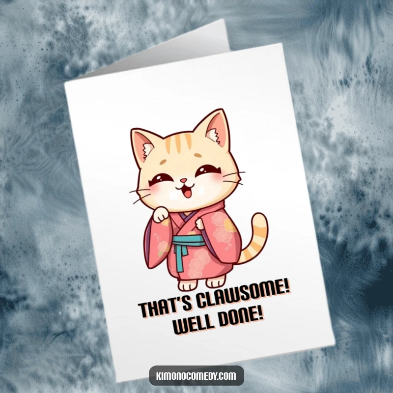 Funny Free Printable Congratulations Card showcasing a Kawaii cat in a colorful kimono striking a comically amusing pose.