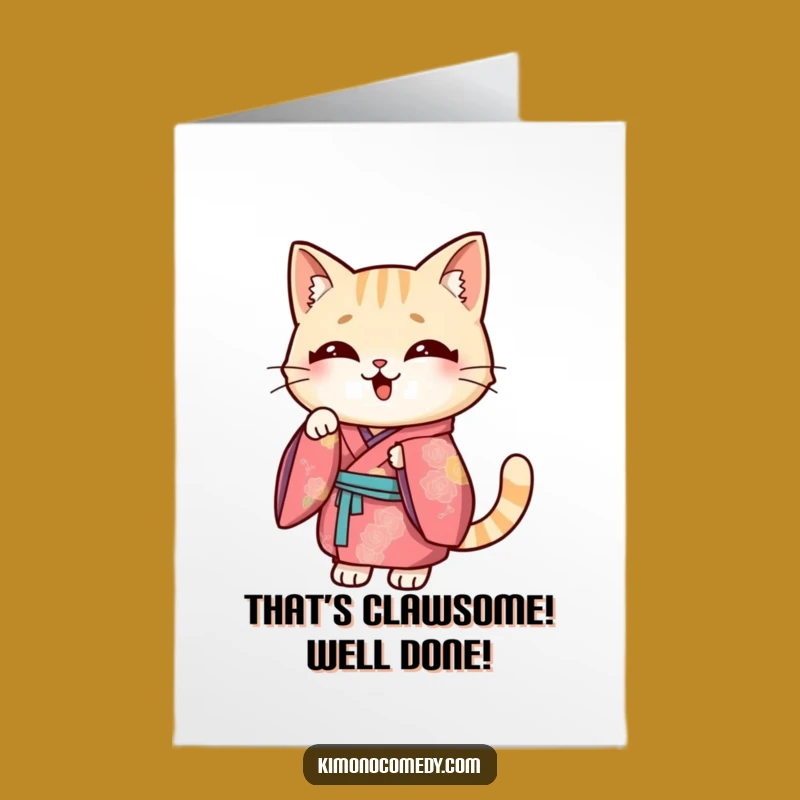 Free Printable Kawaii Cat Congratulations Card: Funny Kimono Pose Downloadable