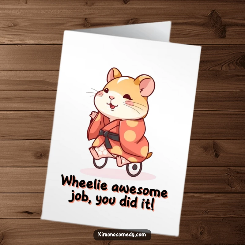 Funny free printable congratulations card showing an energetic hamster in a kimono, speeding on its wheel.