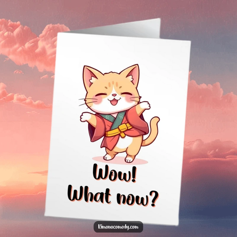 Funny Free Printable Congrats Card: Kawaii cat in a whimsical kimono curiously tilts its head, pondering the good news.