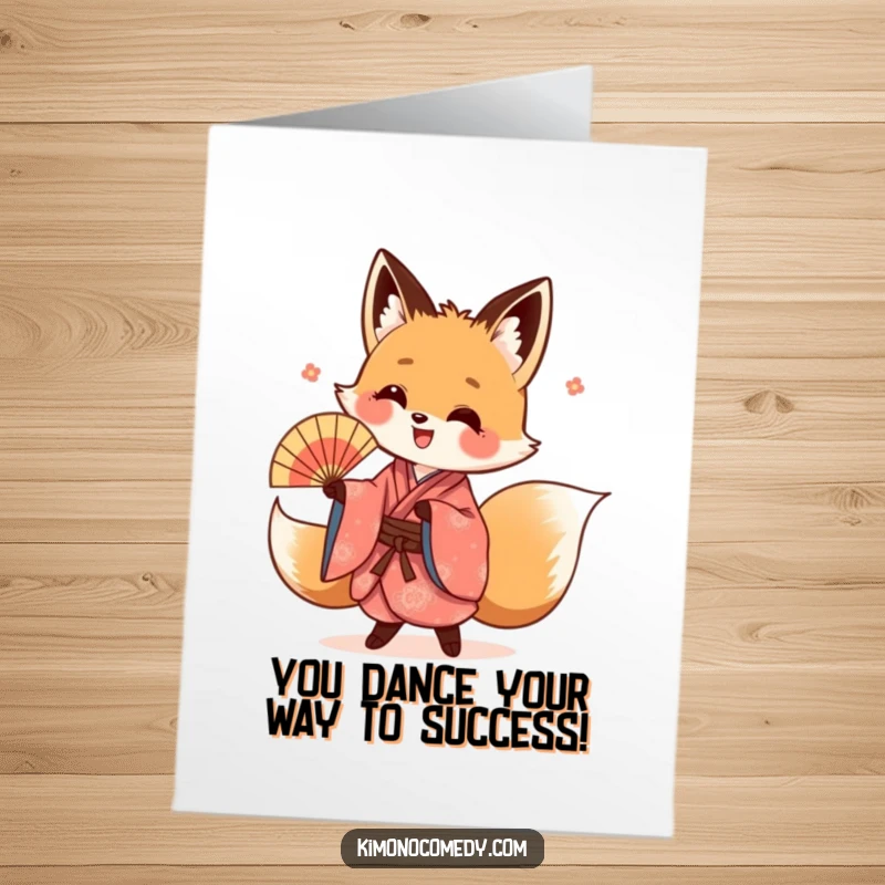 Funny Free Printable Congrats Card: Happy kawaii fox in a kimono performs an energetic fan dance celebrating.