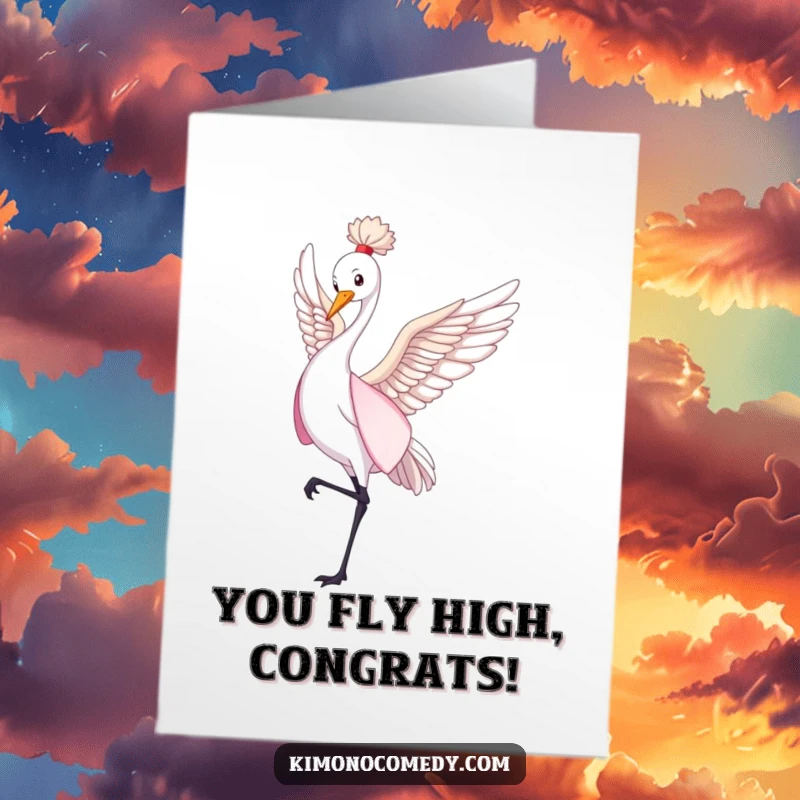 Funny Free Printable Congrats Card: A graceful crane in a flowing kimono performs a gentle dance, celebrating your achievement.