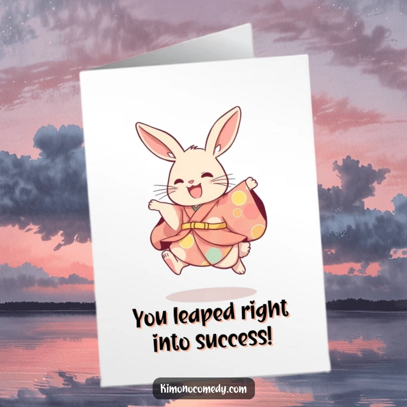 Funny Free Printable Congratulations Card: A rabbit in a vibrant kimono leaps with excitement, celebrating achievements with playful energy.