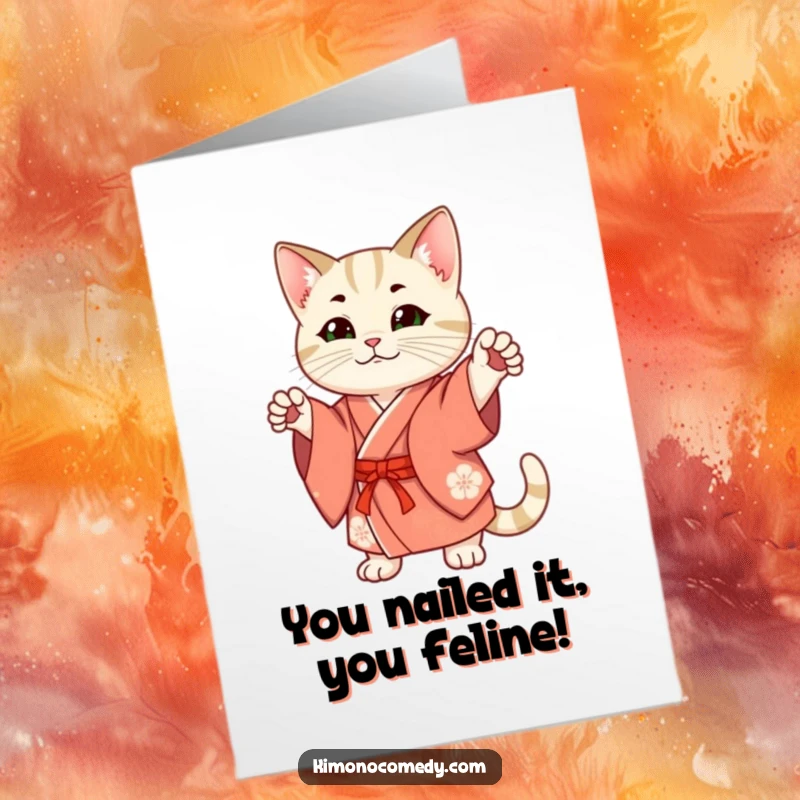 Free Printable Congratulations card: a dapper cat in an elegant kimono striking a regal pose.