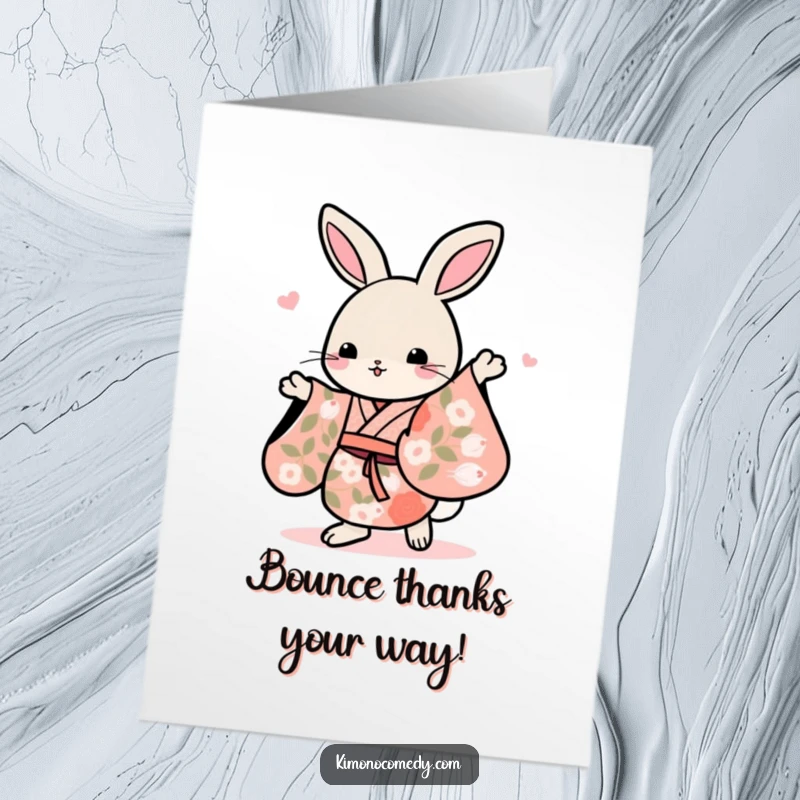 Funny Free Printable Thank You Card: A graceful kawaii rabbit in a floral kimono, dancing its thanks.
