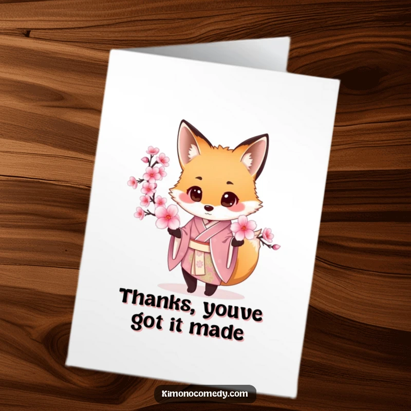Funny Free Printable Thank You Card: A fox in a silk kimono offers a cherry blossom, presenting a gesture of sincere appreciation.