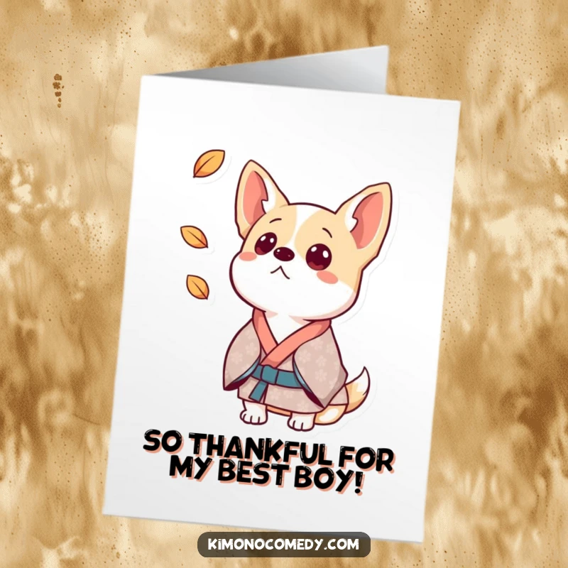 Funny Free Printable Thank You Card: A dog in a kimono looks surprised, ears perked at a gently falling leaf.