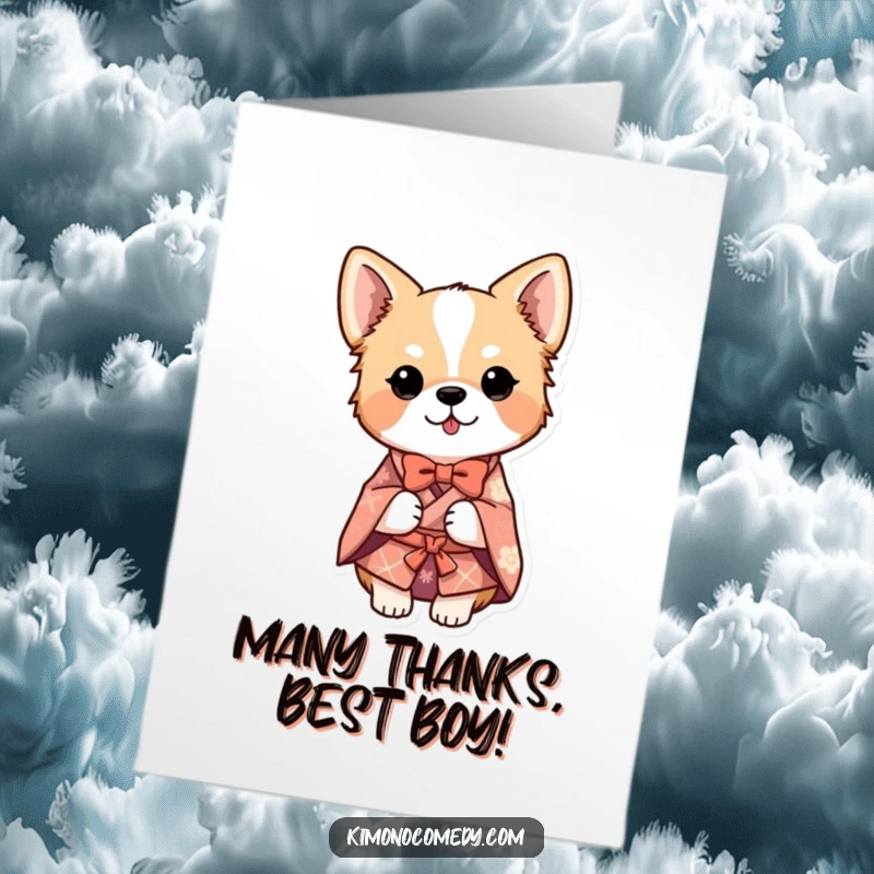 Funny Free Printable Thank You Card featuring a dog in a detailed kimono, bowing politely to show sincere appreciation.