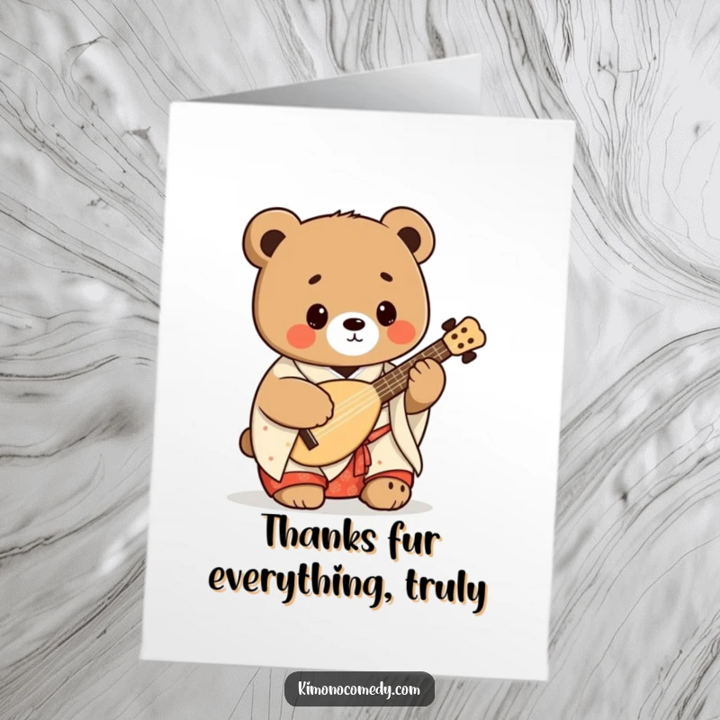 Funny free printable thank you card showing a Kawaii bear in a kimono playing a shamisen to express thanks.