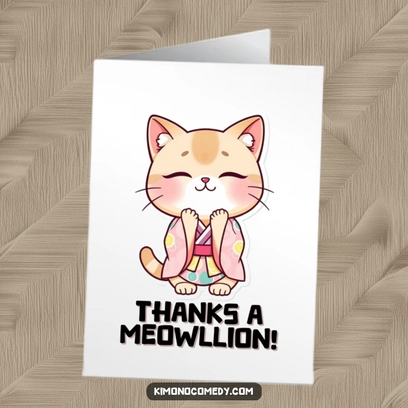 Funny Free Printable Thank You Card: Kawaii cat in a beautiful kimono, bowing deeply with a sincere smile.