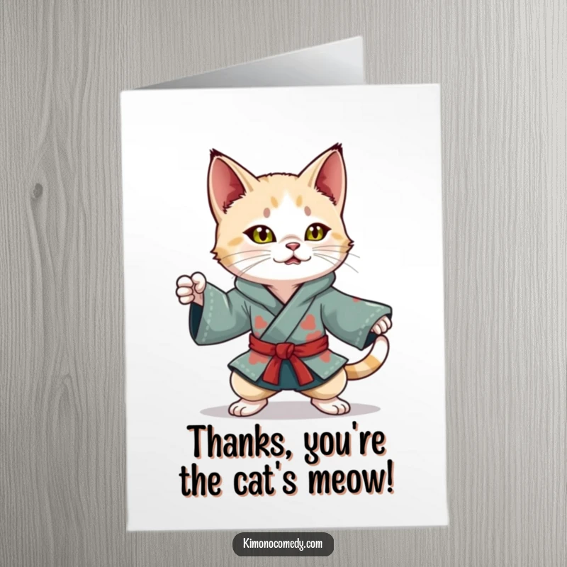 Funny Free Printable Thank You Card: Playful kawaii cat in a colorful kimono striking a dynamic ninja pose to say thanks.