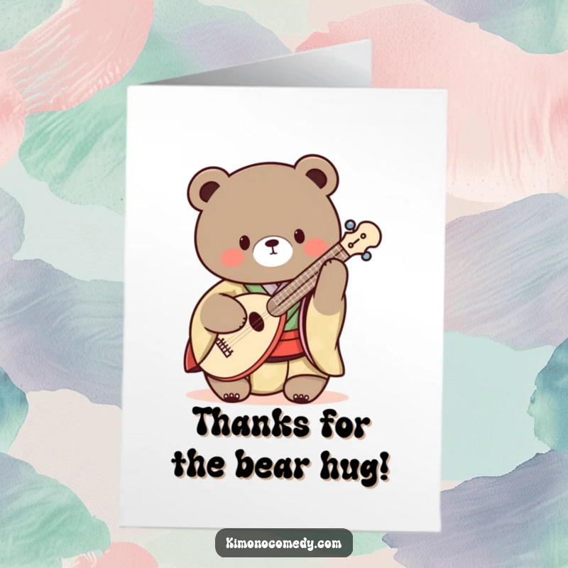 Funny Free Printable Thank You Card: Kawaii bear in a traditional kimono playing a shamisen melodically.