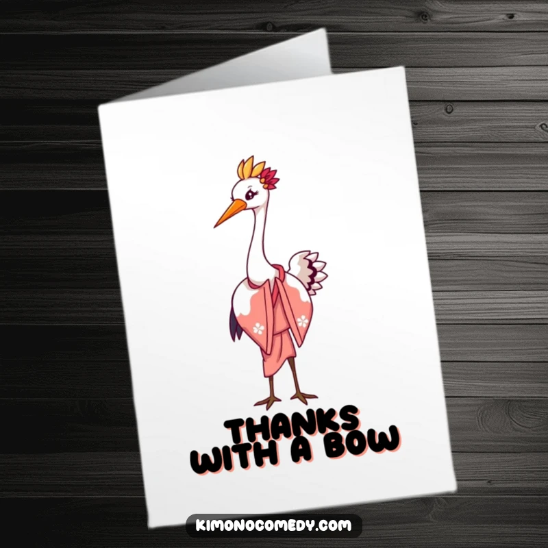 Funny Free Printable Thank You Card: Gracious kawaii crane in an elegant kimono, bowing with a humorous flourish.