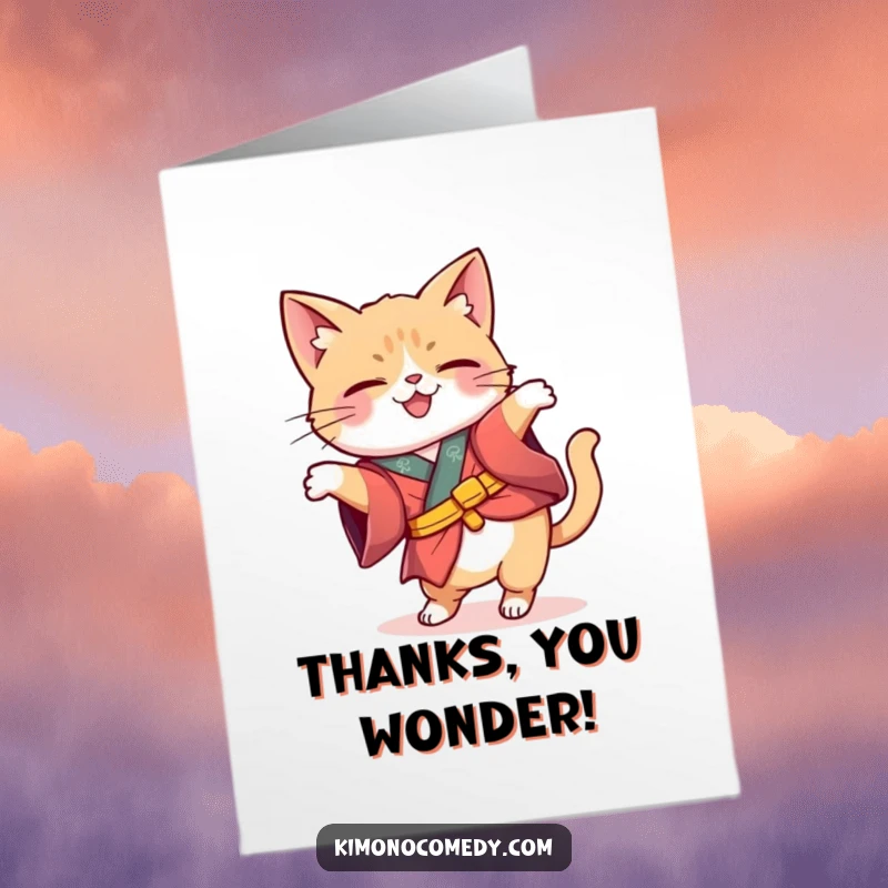 Funny Free Printable Thank You Card: Kawaii cat in a whimsical kimono curiously tilts its head, pondering your kindness.