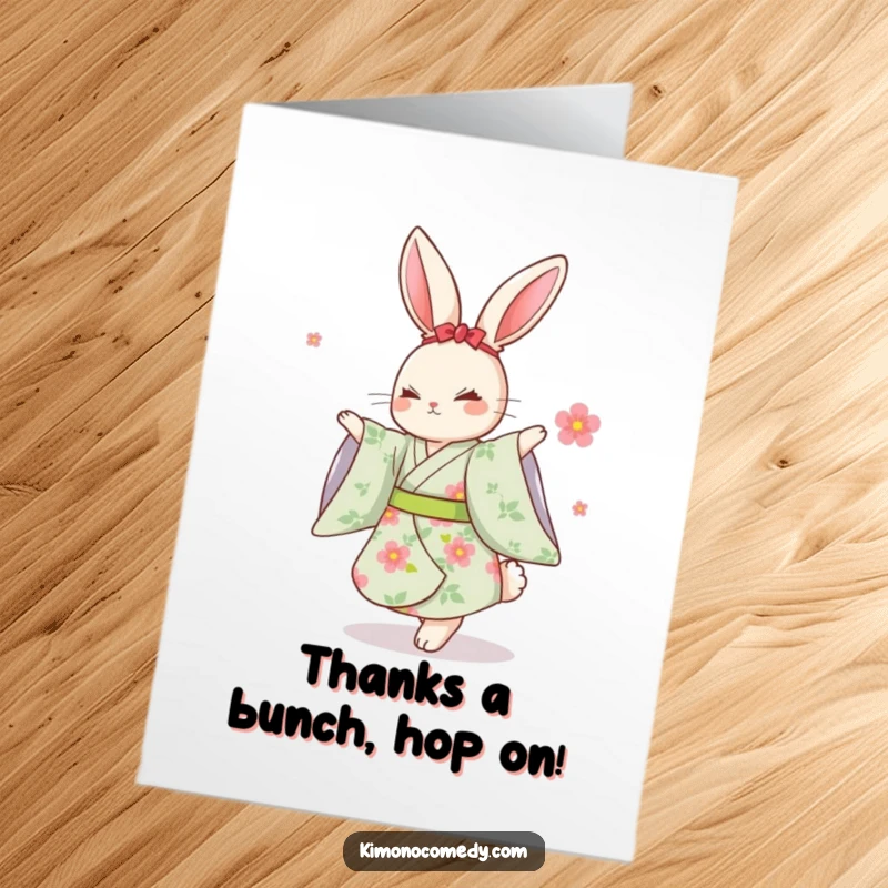 Funny Free Printable Thank You Card: Kawaii rabbit in a floral kimono, dancing with graceful, happy movements.