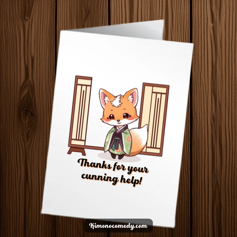 Funny Free Printable Thank You Card: A fox in an elegant kimono playfully peeks from behind a screen to say thanks.