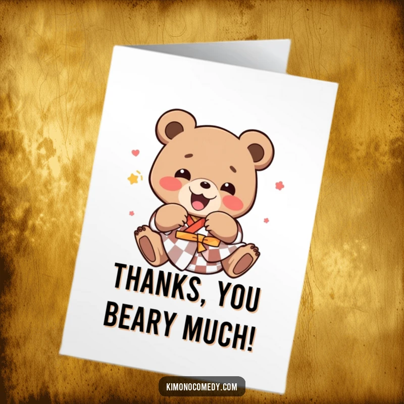 Funny Free Printable Thank You Card: A kawaii bear in a checkered kimono hilariously tumbles with thanks.
