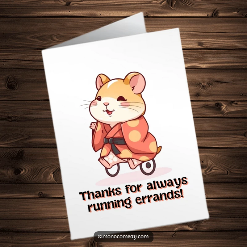 Funny free printable thank you card with an energetic hamster in a bright kimono, running on a wheel.